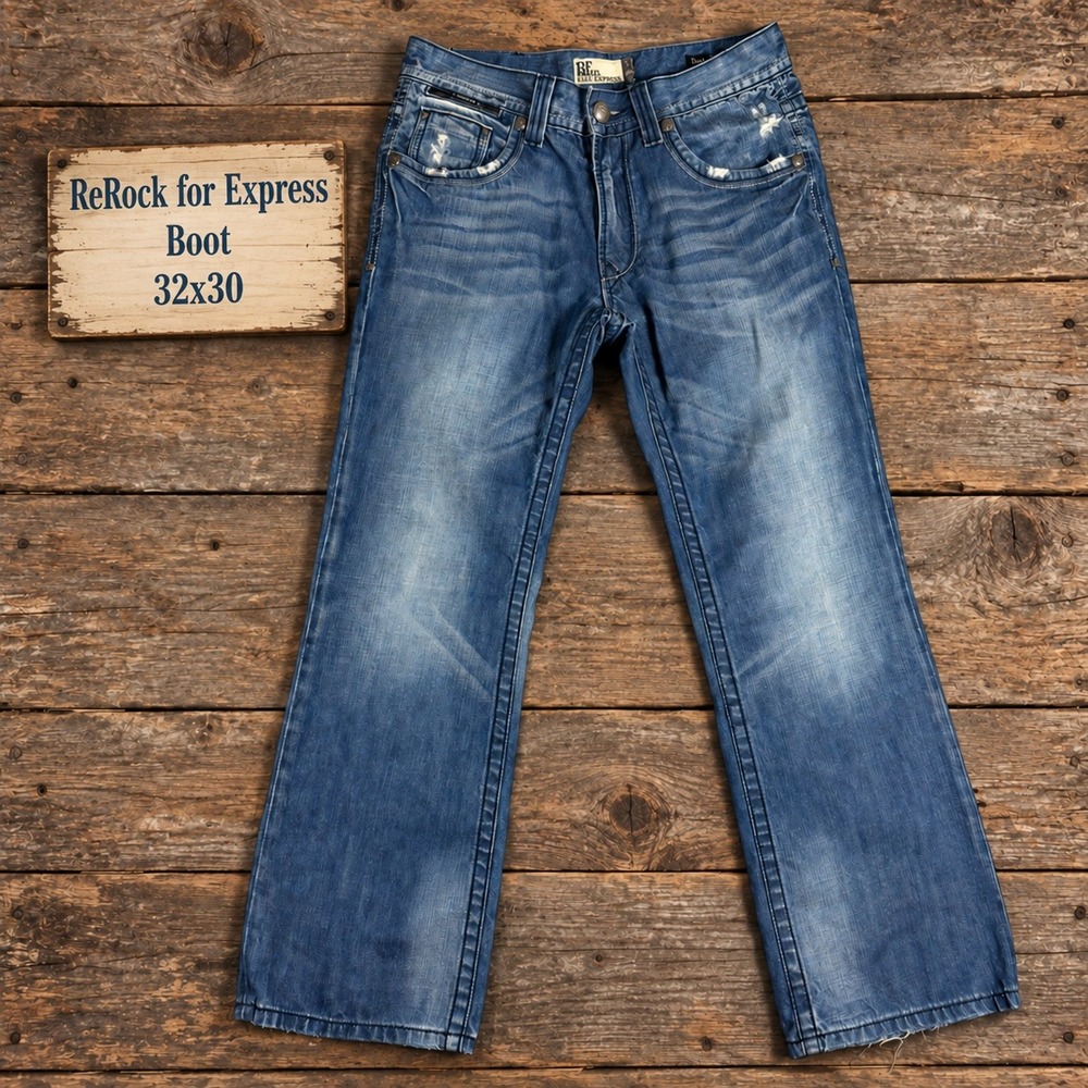 ReRock for Express Tokyo Bootcut Jeans Womens 32x30 Blue Distressed Embroidered